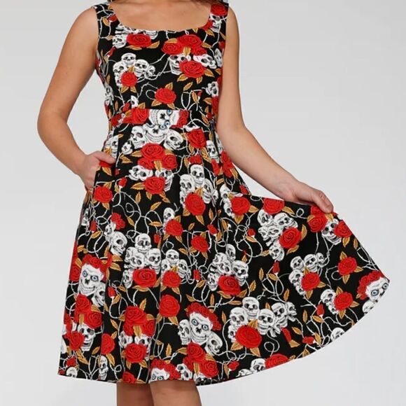 Orchid‎ Bloom Retro Flare Skirt Skulls and Roses Dress - 6 - Picture 1 of 14